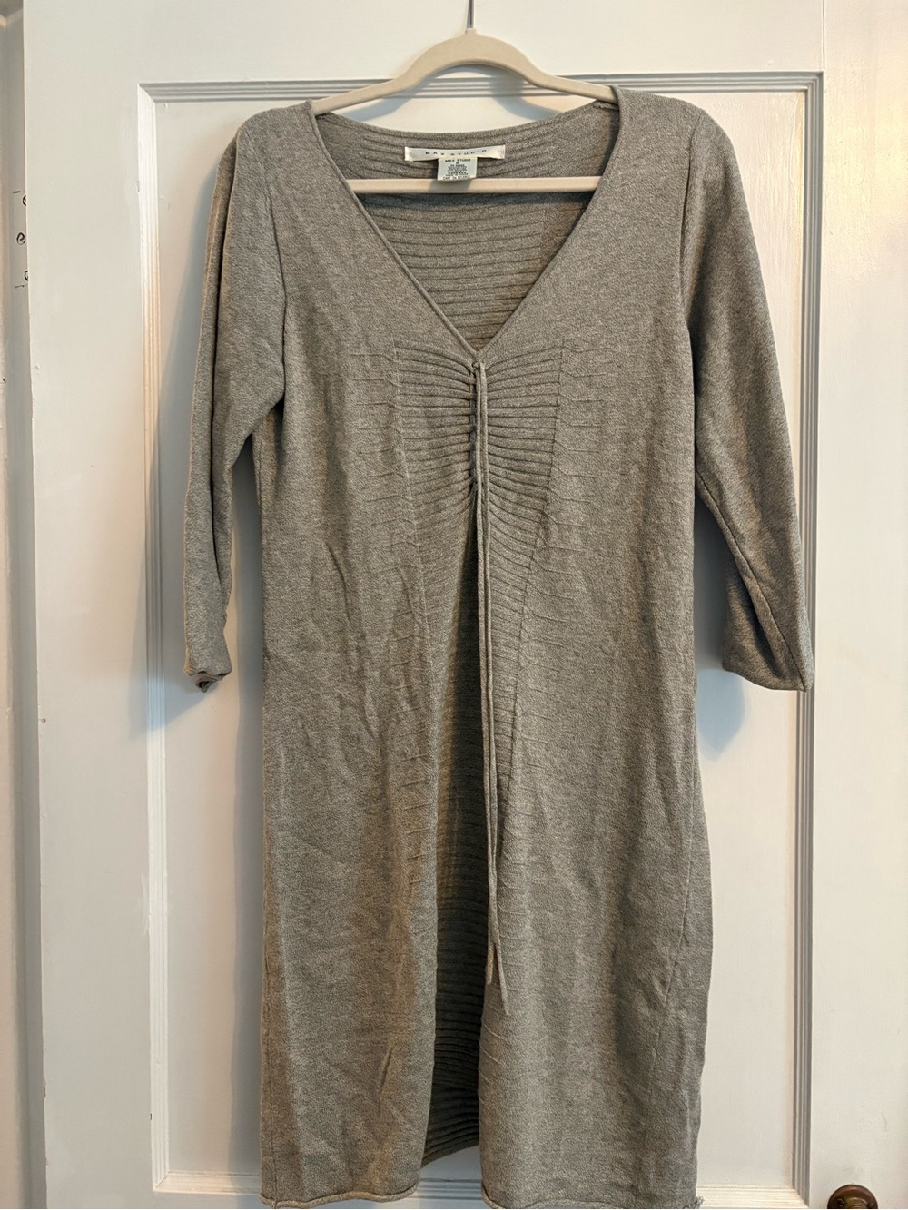Max Studio Gray Midi Sweater Dress Ruched Drawstring Front Size M